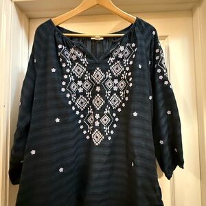 J. Jill Black Blouse with White Embroidery